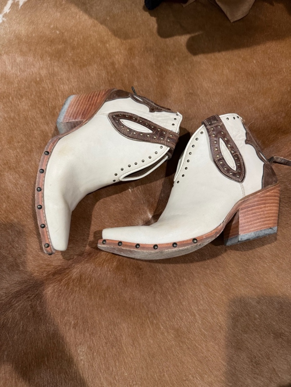 Ariat Cream and Brown Studded Western Ankle Booties